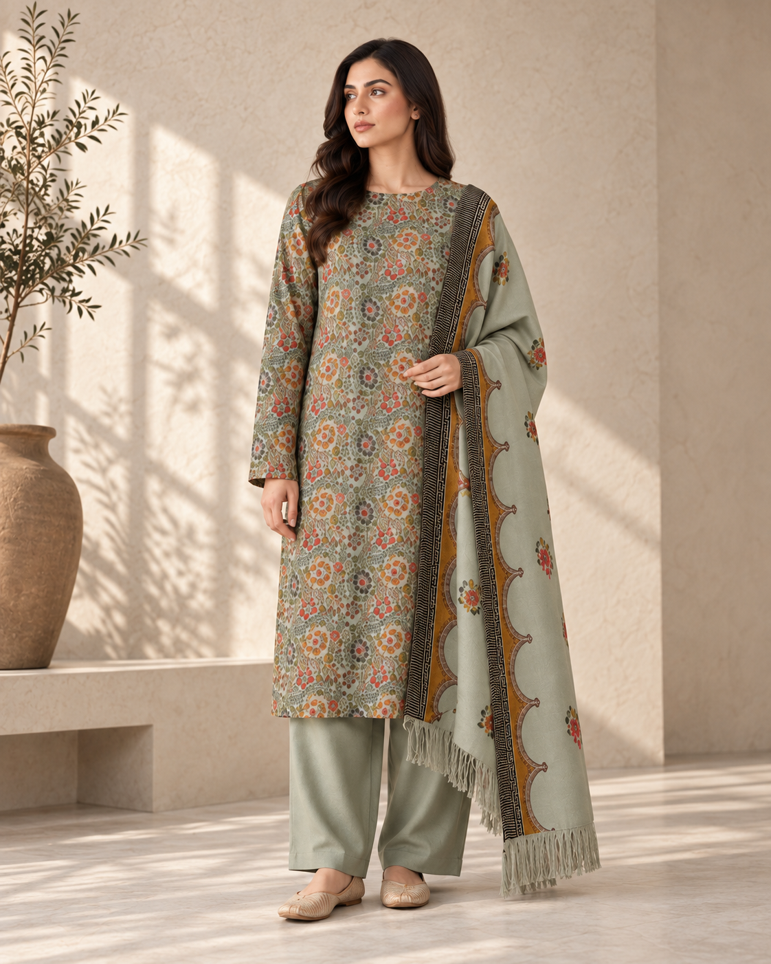 Model wearing the sage embroidered suit in a sunlit courtyard.