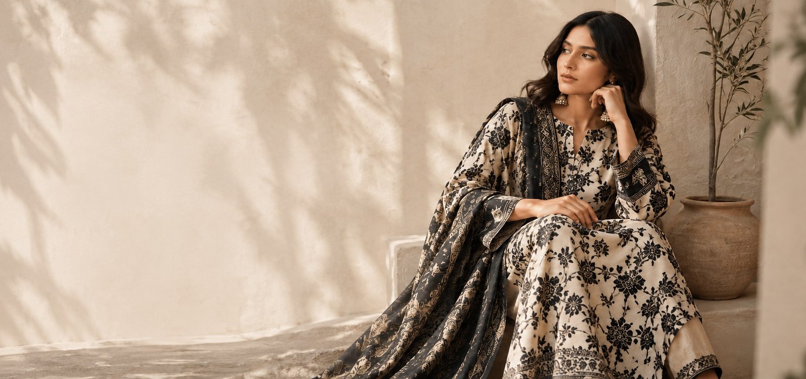 A model in an ivory and black botanical outfit, seated in warm natural light.