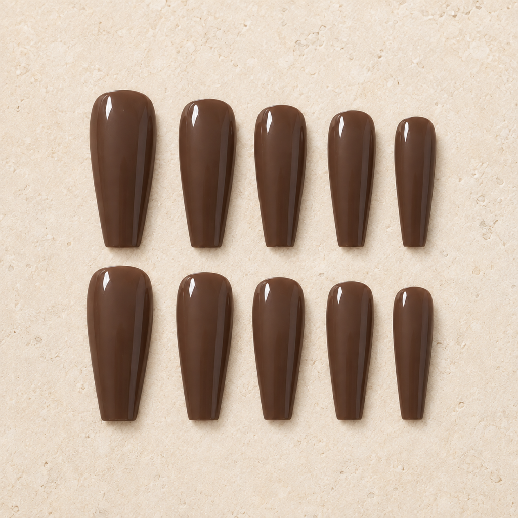Cocoa Gloss press-on nail design.