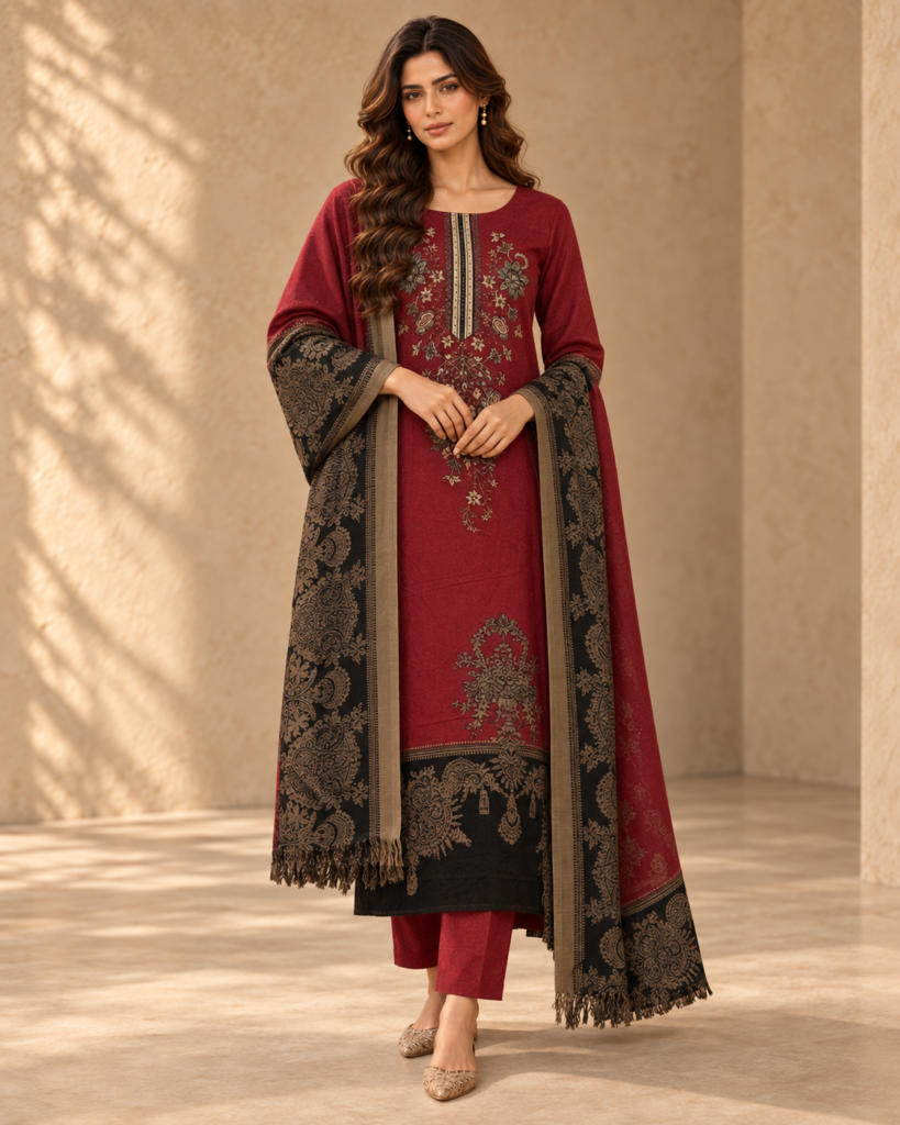 N42 burgundy Marina suit with black and muted-gold wool dupatta.