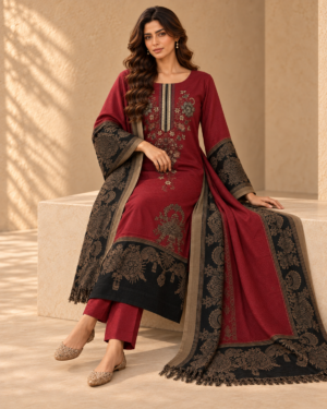 N42 Marina suit shown seated with its bordered wool dupatta.