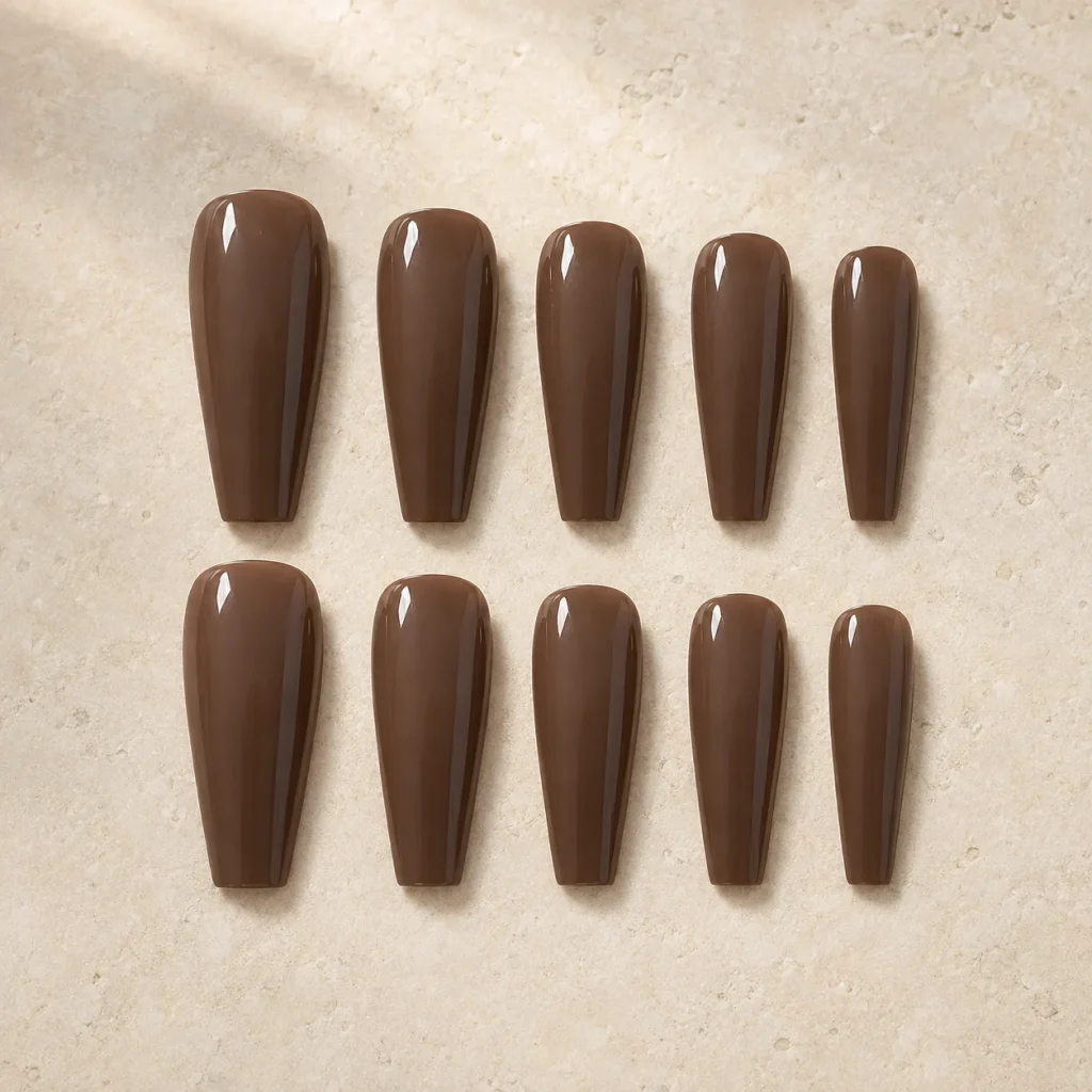 Cocoa Gloss press-on nail design.