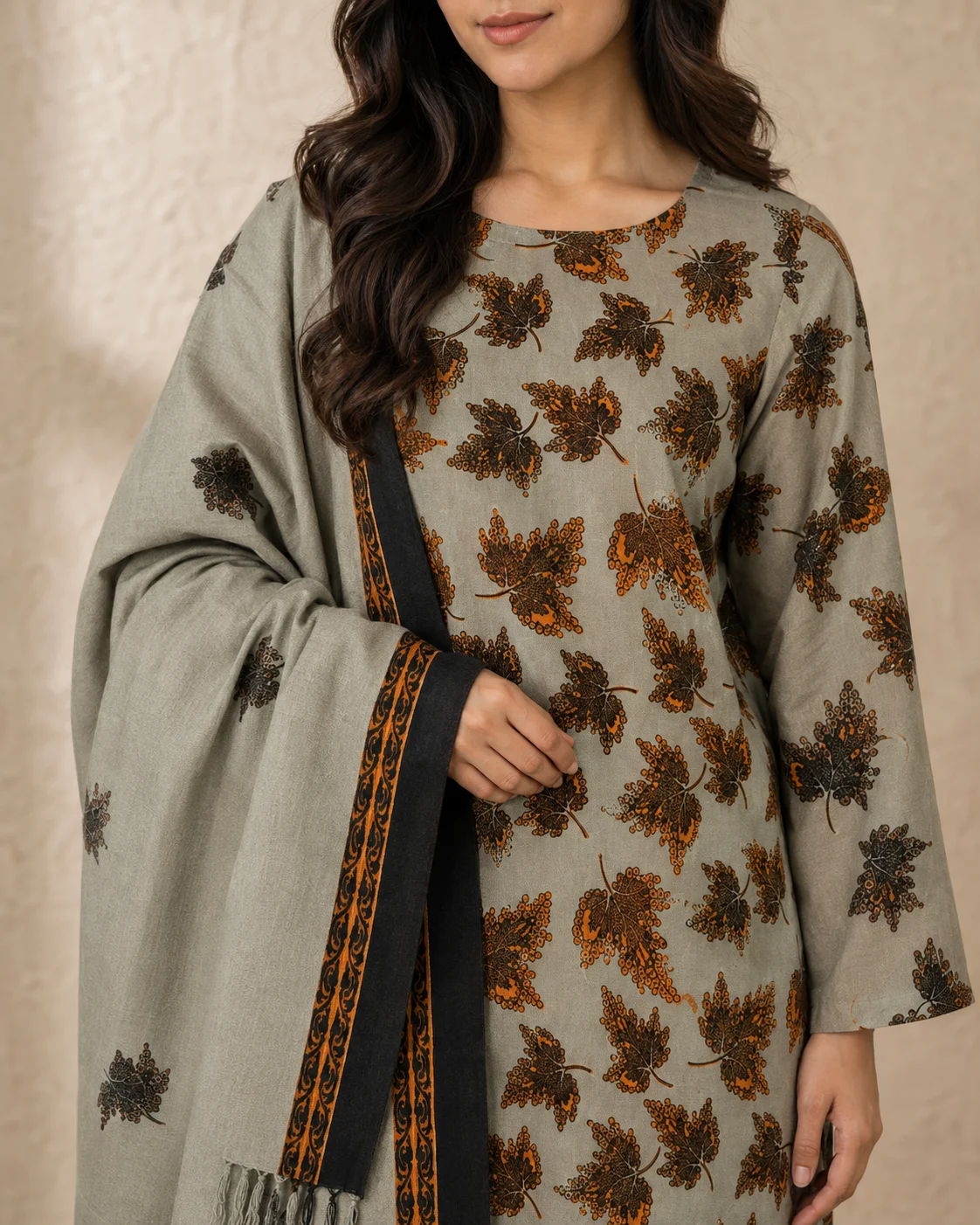 Modelled styling of 34 fabric.